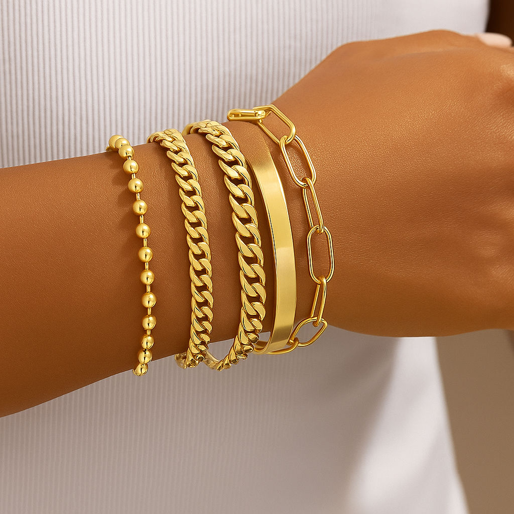 Kit Pulseiras Douradas Femininas – Corrente Mix Charmoso