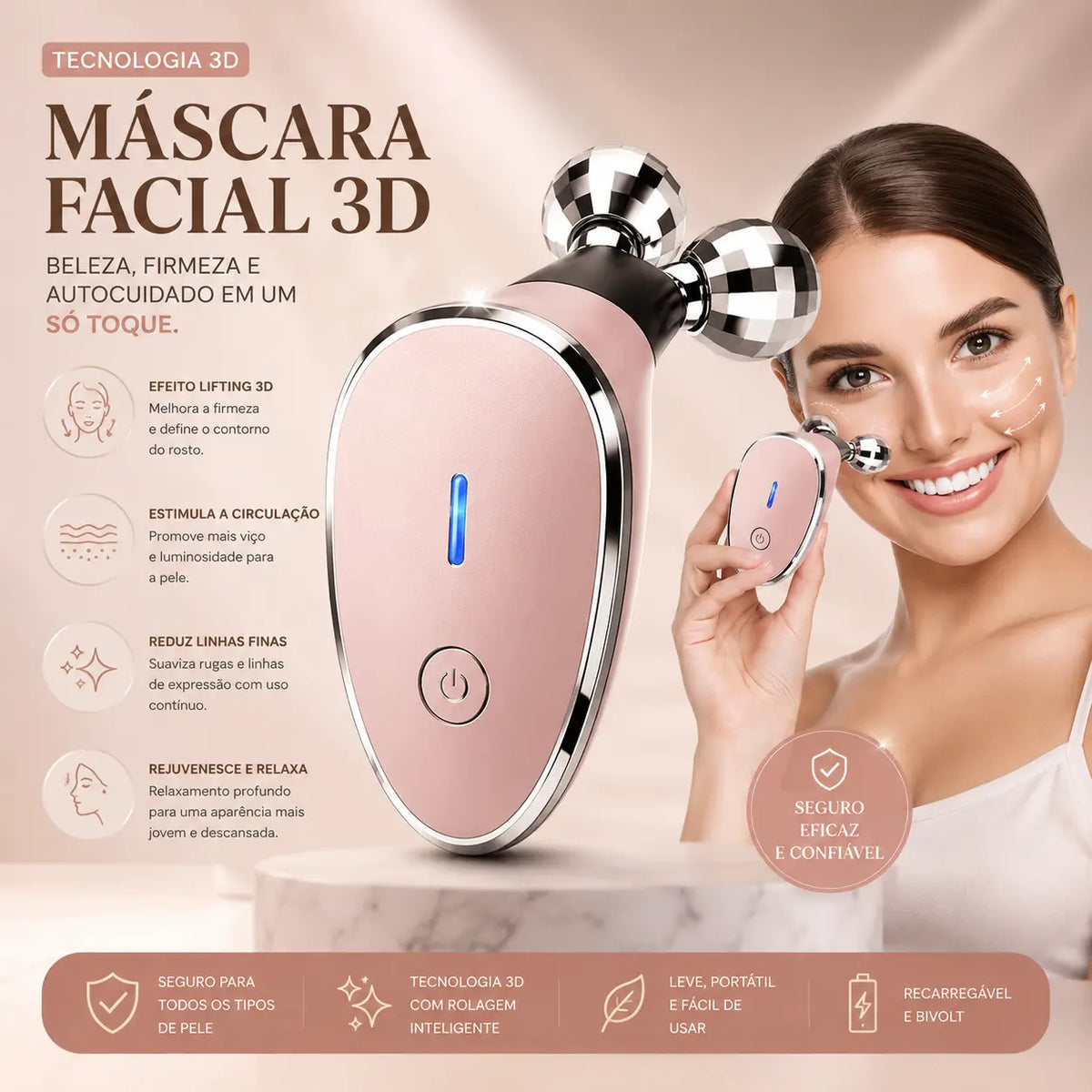 Massageador Facial com Microcorrente e Rolos 3D – Lifting Facial e Efeito V-Line