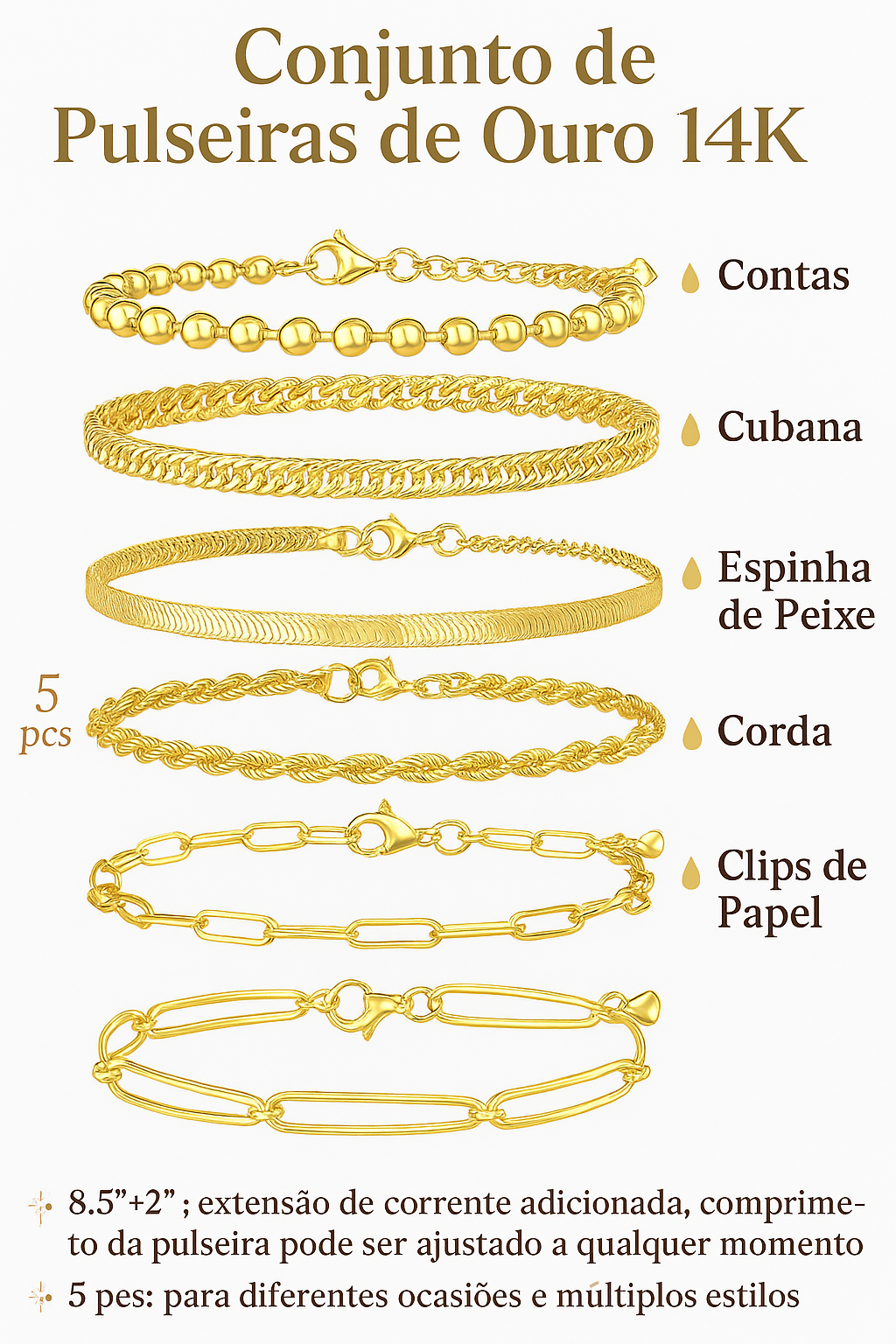 Kit Pulseiras Douradas Femininas – Corrente Mix Charmoso