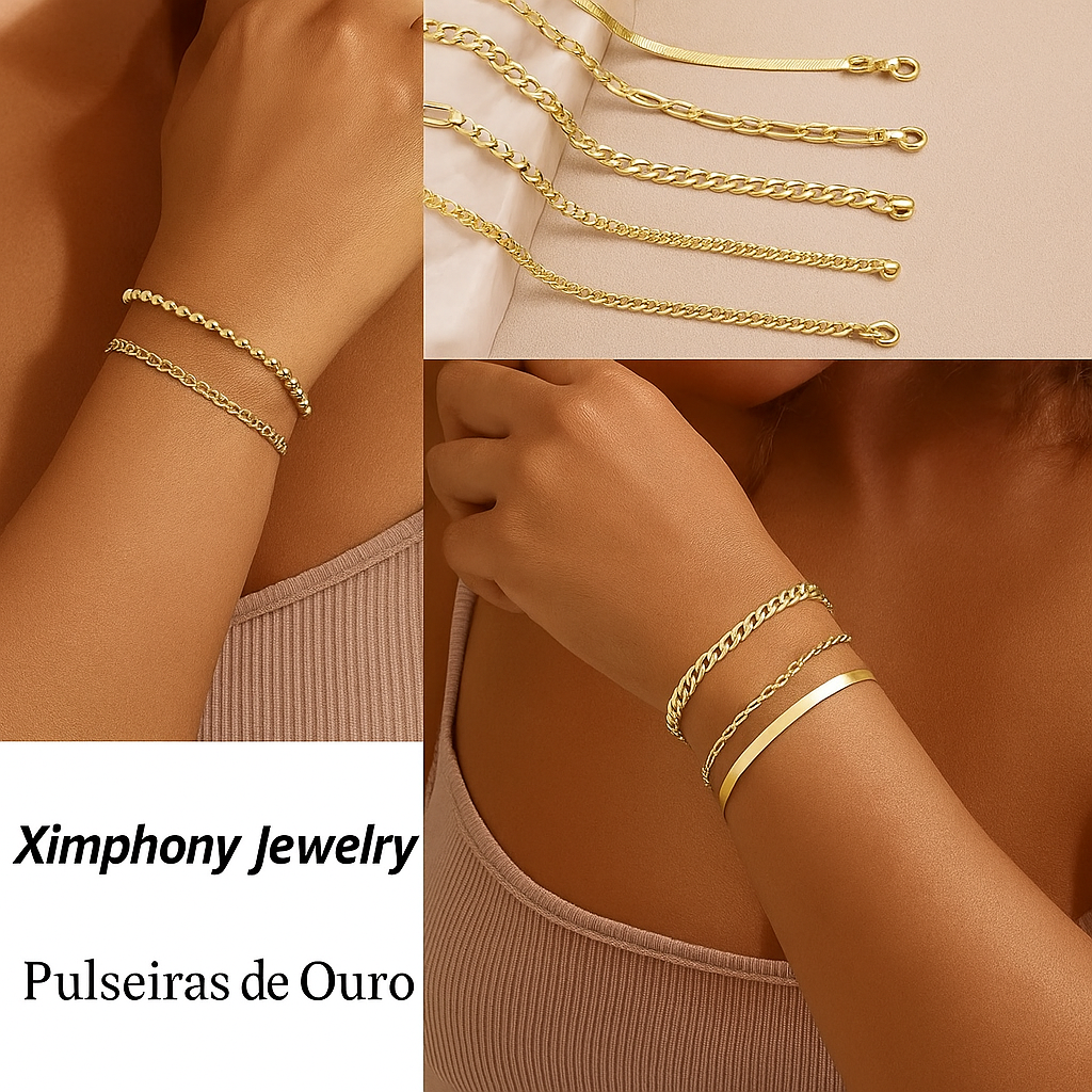 Kit Pulseiras Douradas Femininas – Corrente Mix Charmoso