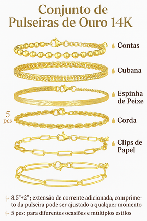 Kit Pulseiras Douradas Femininas – Corrente Mix Charmoso