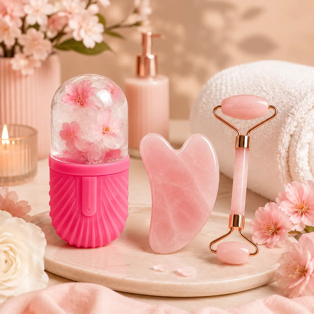 Rolo Facial Quartzo Rosa + Gua Sha