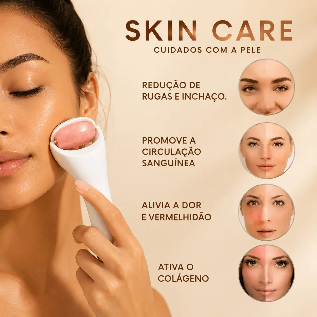 Massageador Gelado Rolo Drenagem Rosto Inchaço Rugas Limpeza