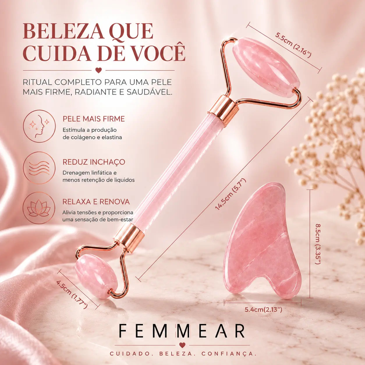 Rolo Facial Quartzo Rosa + Gua Sha