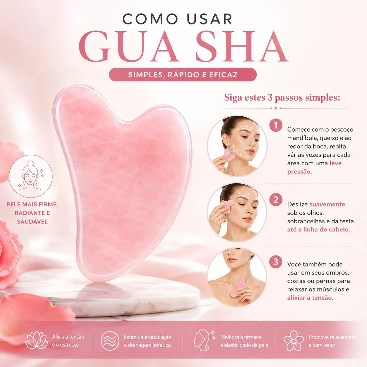 Rolo Facial Quartzo Rosa + Gua Sha