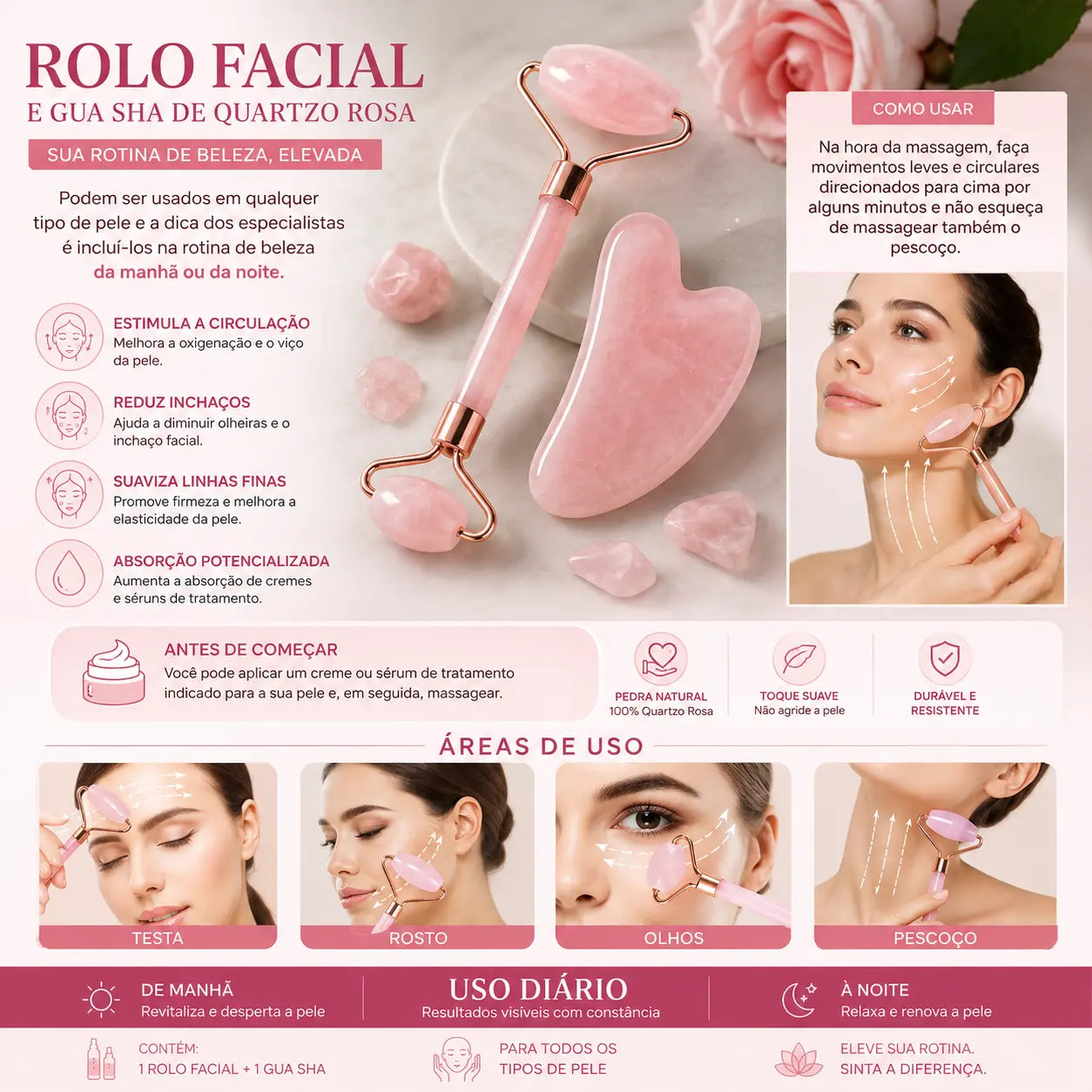 Rolo Facial Quartzo Rosa + Gua Sha