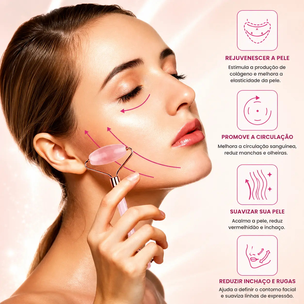 Rolo Facial Quartzo Rosa + Gua Sha