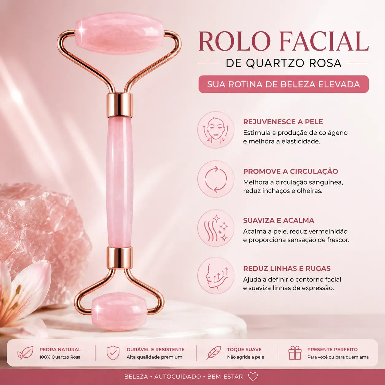 Rolo Facial Quartzo Rosa + Gua Sha