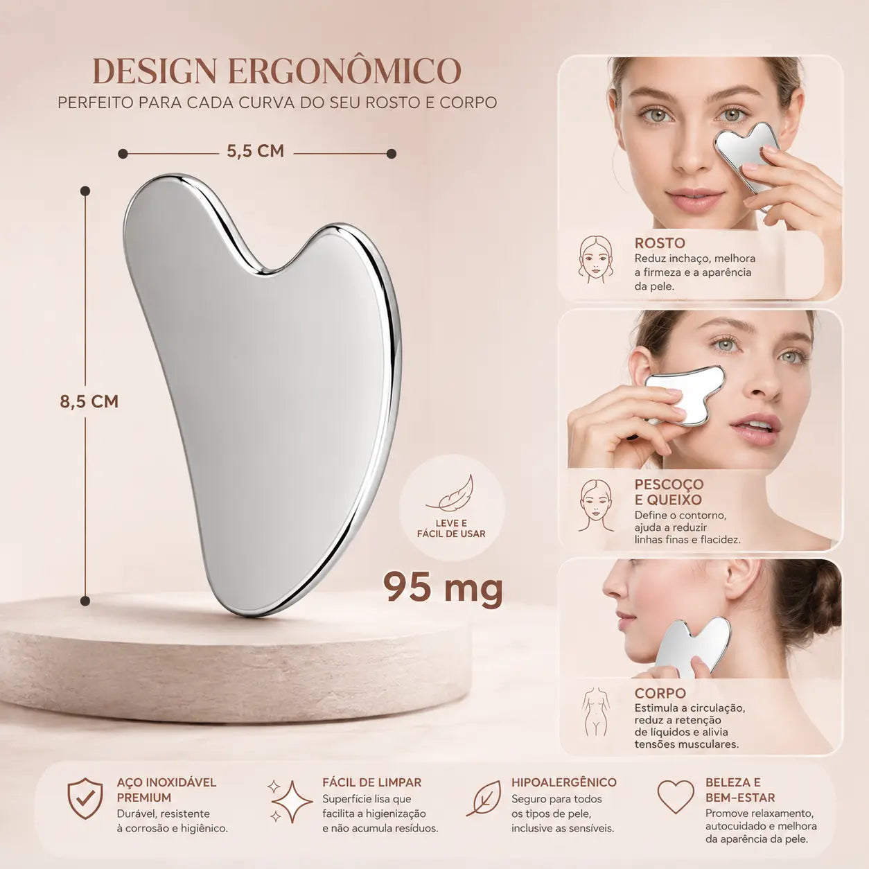 Gua Sha Facial em Aço Inox