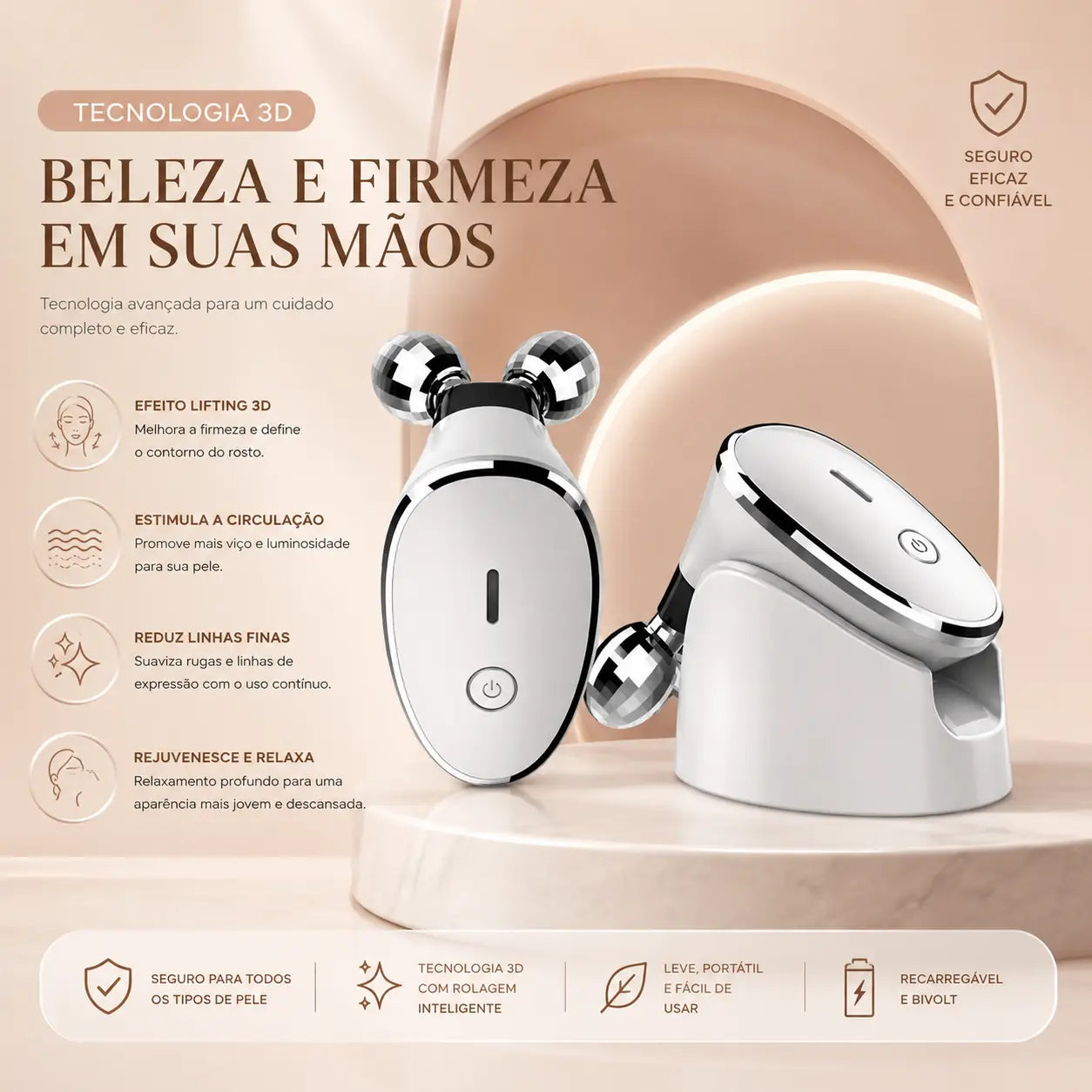 Massageador Facial com Microcorrente e Rolos 3D – Lifting Facial e Efeito V-Line