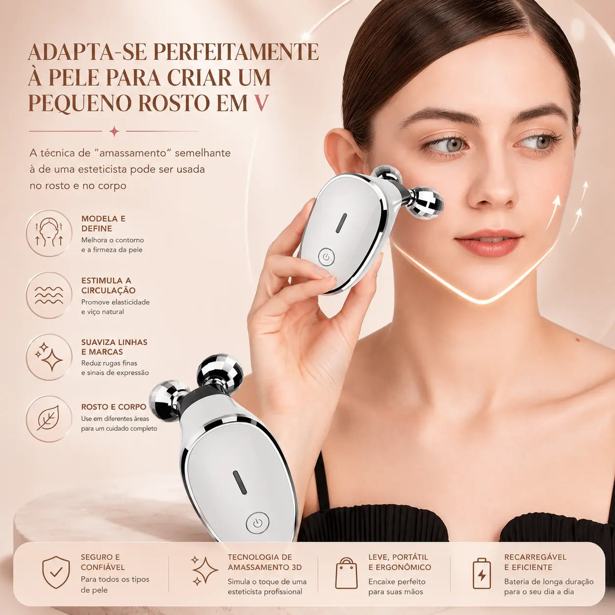 Massageador Facial com Microcorrente e Rolos 3D – Lifting Facial e Efeito V-Line