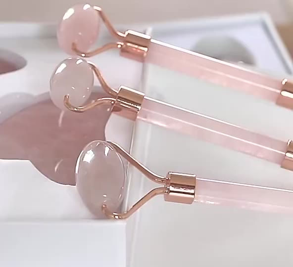 Rolo Massageador Facial Quartzo Rosa Gua Sha Jade Anti Rugas