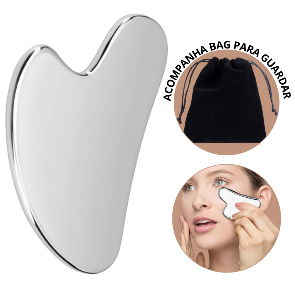 Placa de Massagem facial Guasha em aço inox 95mg skincare Drenagem Antirugas ghasha | gua sha