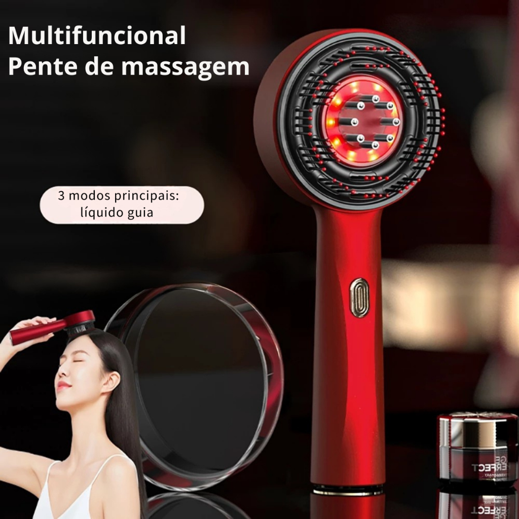 Escova Massagem Capilar com Aplicador de Couro Cabeludo Elétrico Luz Vermelha Estimula Crescimento