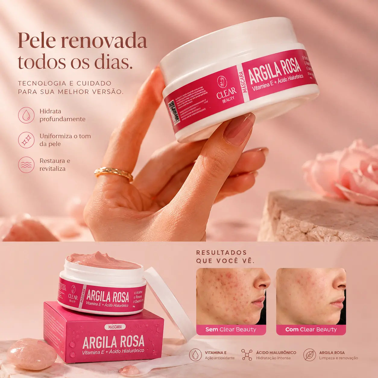 Máscara Facial 3 em 1 Com Ácido Hialurônico - 90g